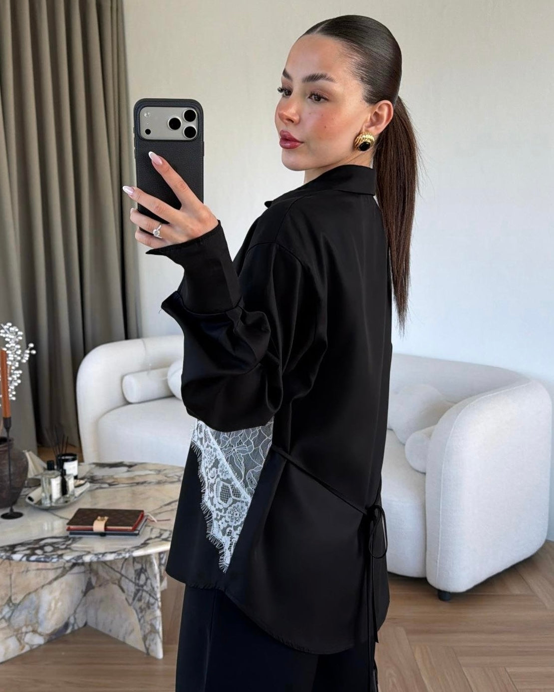 Black Lace Tied Back Shirt
