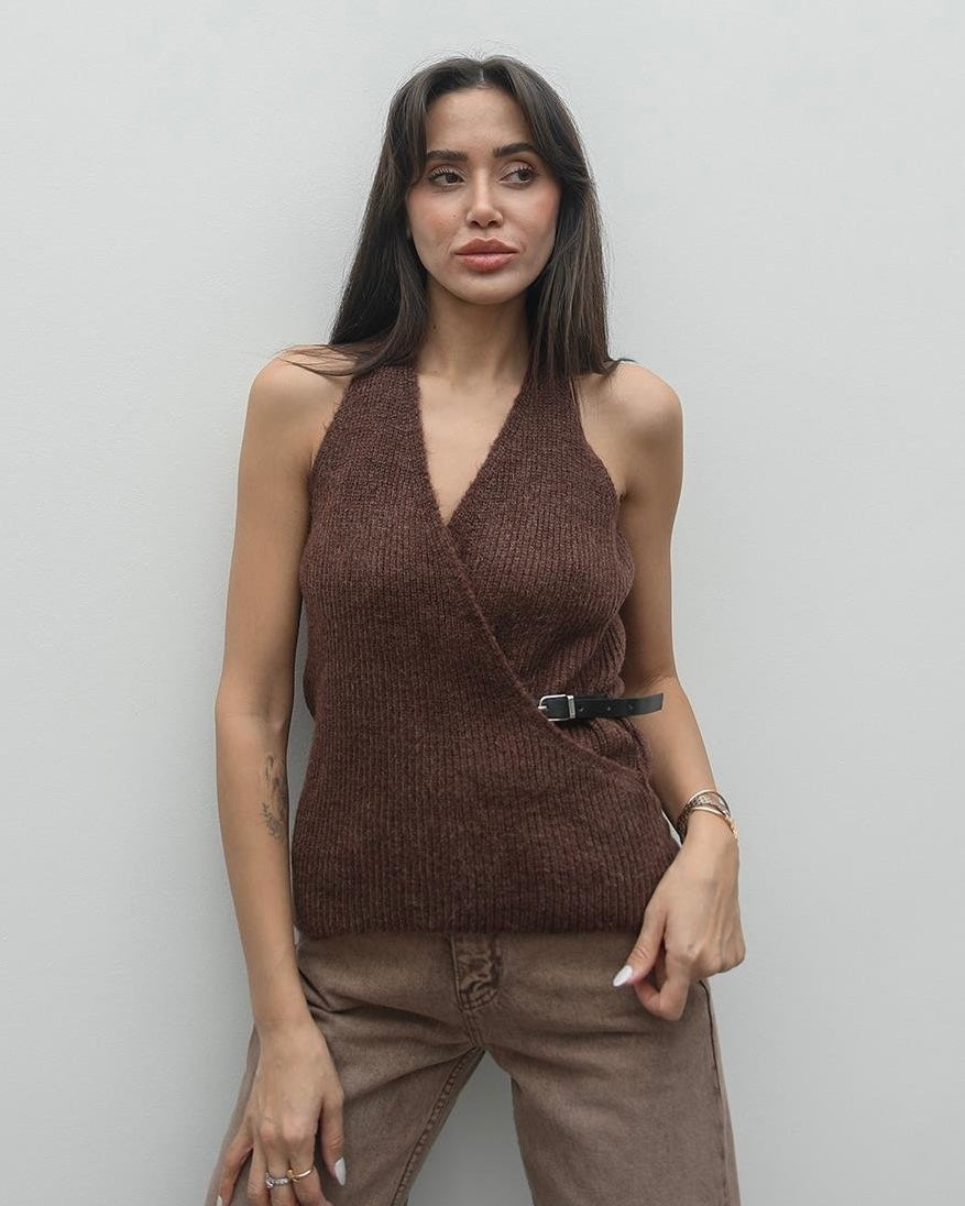 Brown Knit Top with Belt