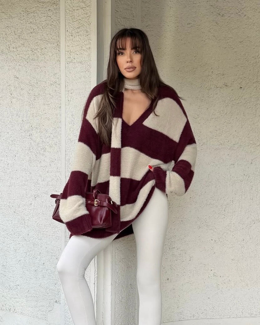 Burgundy Striped Sweater with Scarf