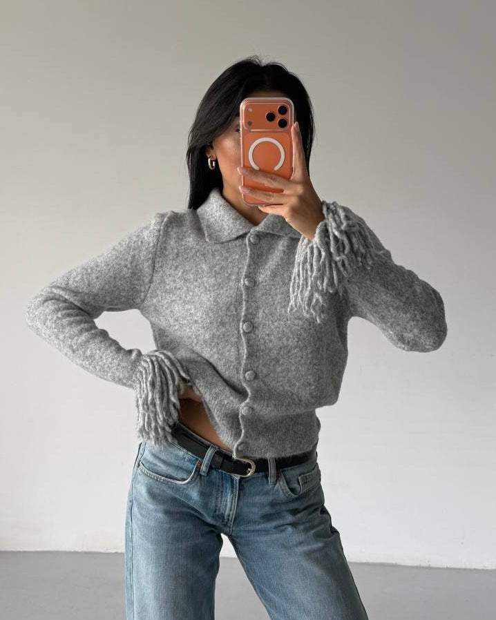 Grey Fringed Sleeves Sweater