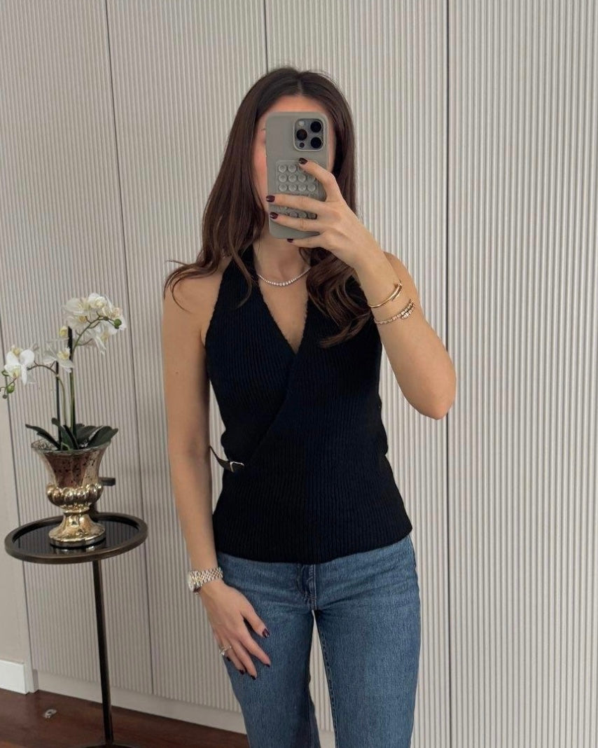 Black Knit Top with Belt