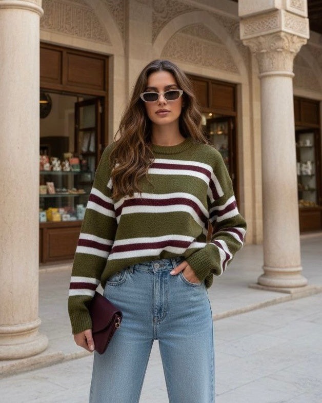 Army Green Striped Sweater