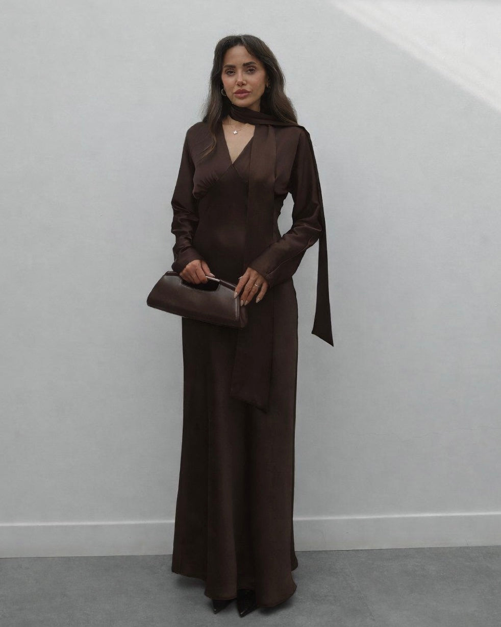 Brown Satin Dress with Scarf