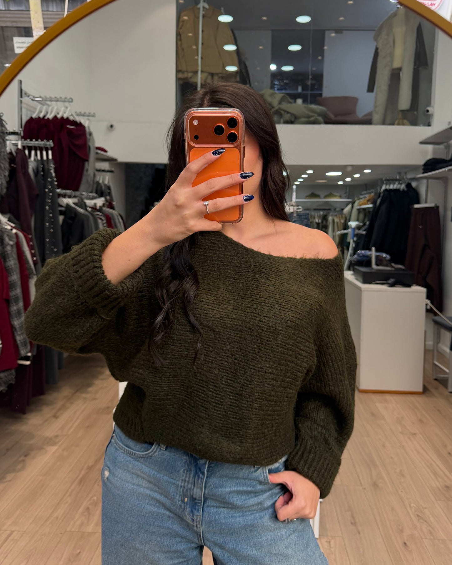 Army Green Off Shoulder Sweater
