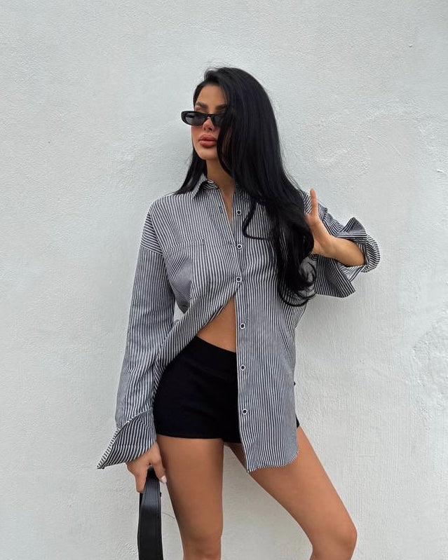 Dark Grey Striped Buttoned Shirt