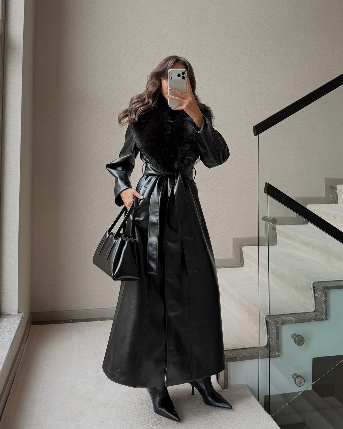 Black Leather Coat with Fur