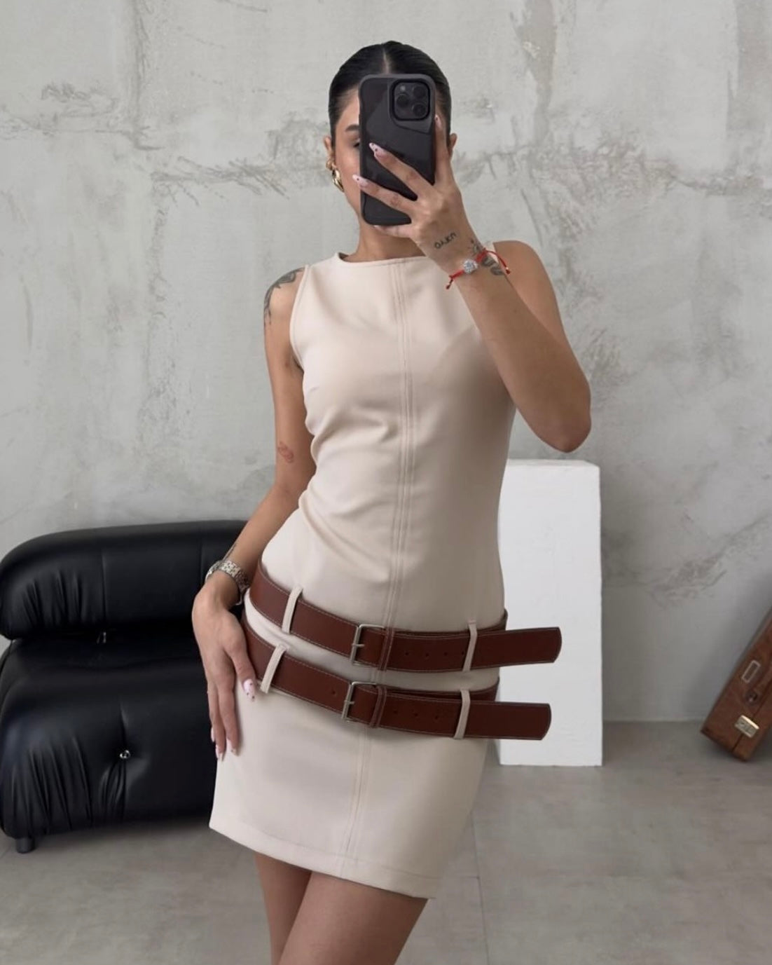 Beige Belted Dress