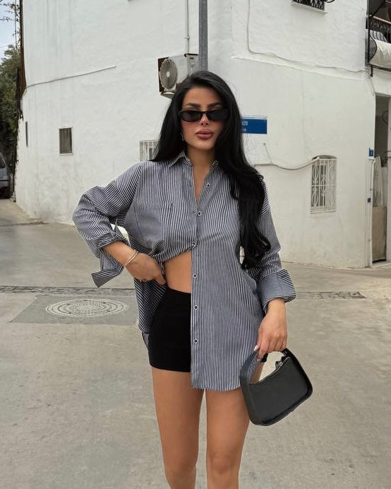 Dark Grey Striped Buttoned Shirt
