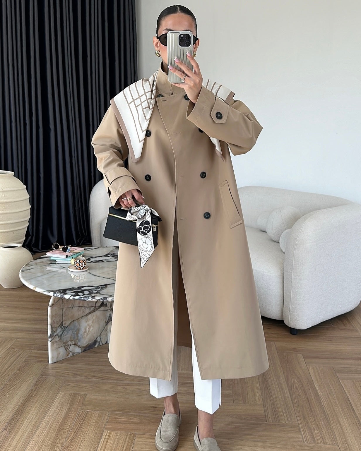 Beige Trench Coat with Scarf