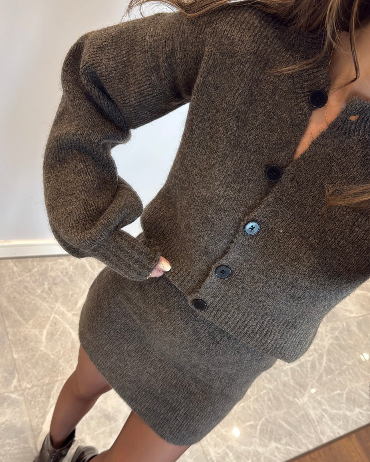 Brown Skirt & Cardigan Set