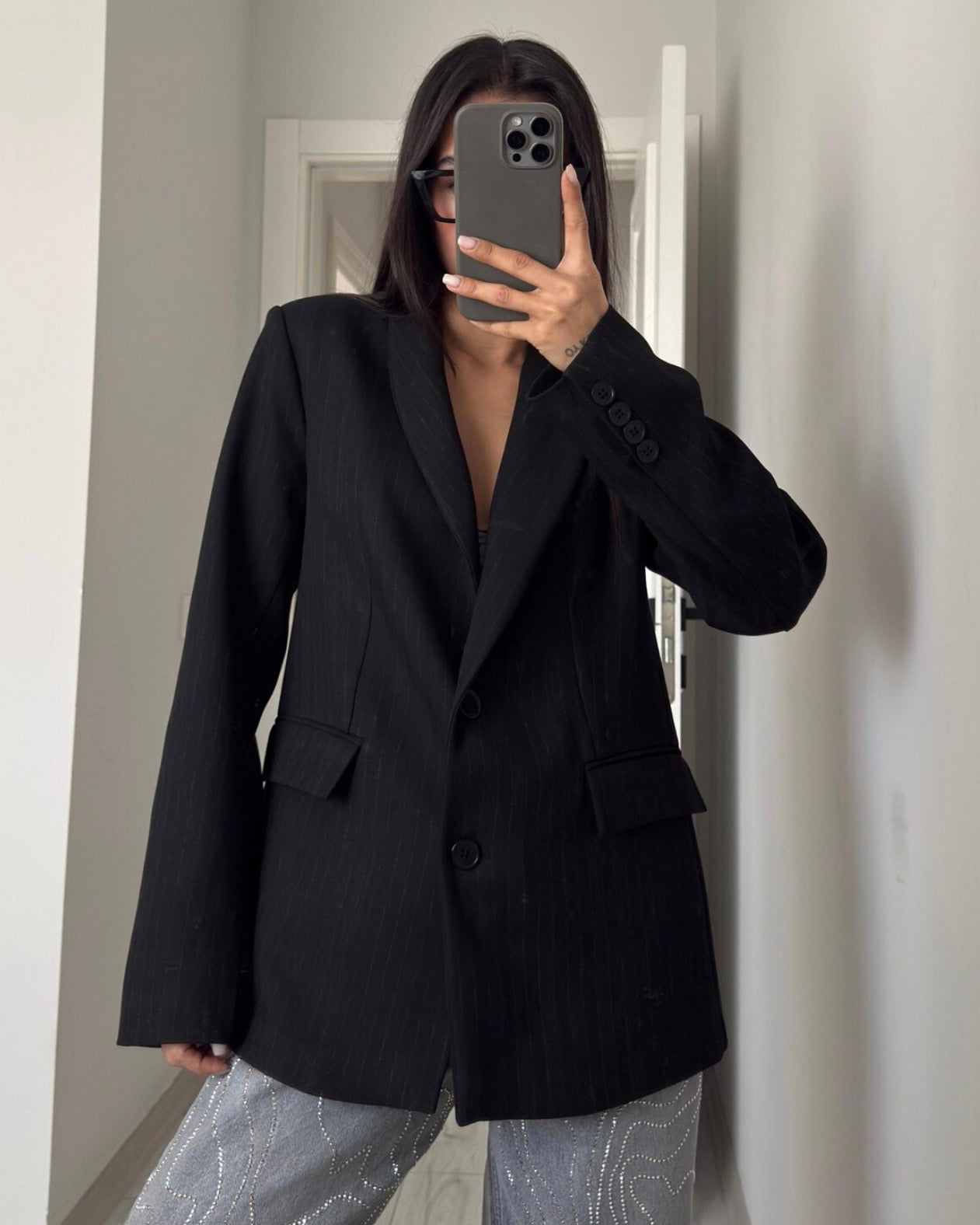 Black Striped Blazer with Scarf