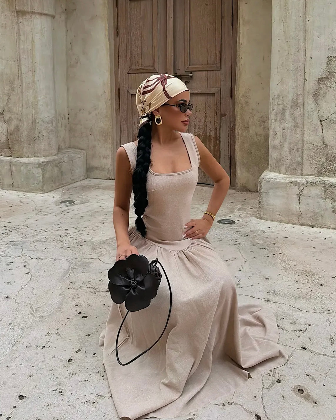Beige Square Neck Dress