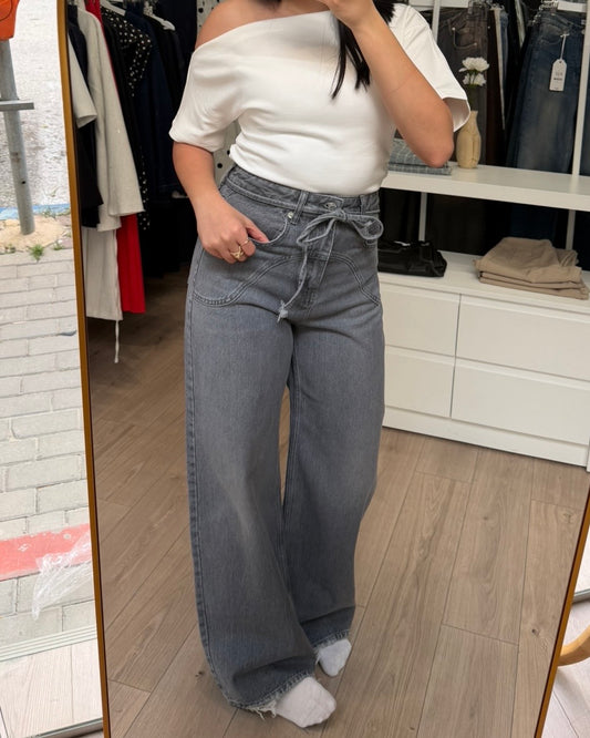 Grey Wide Leg Jeans with Detail
