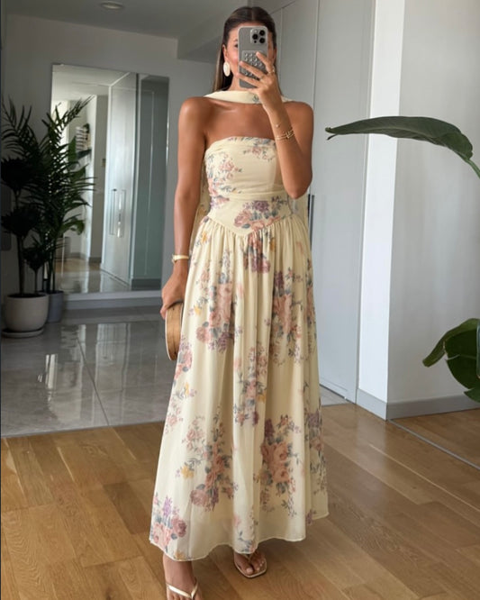 Yellow Floral Dress with Scarf