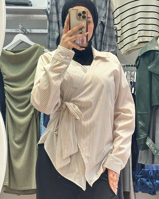 Beige Striped Tied Shirt