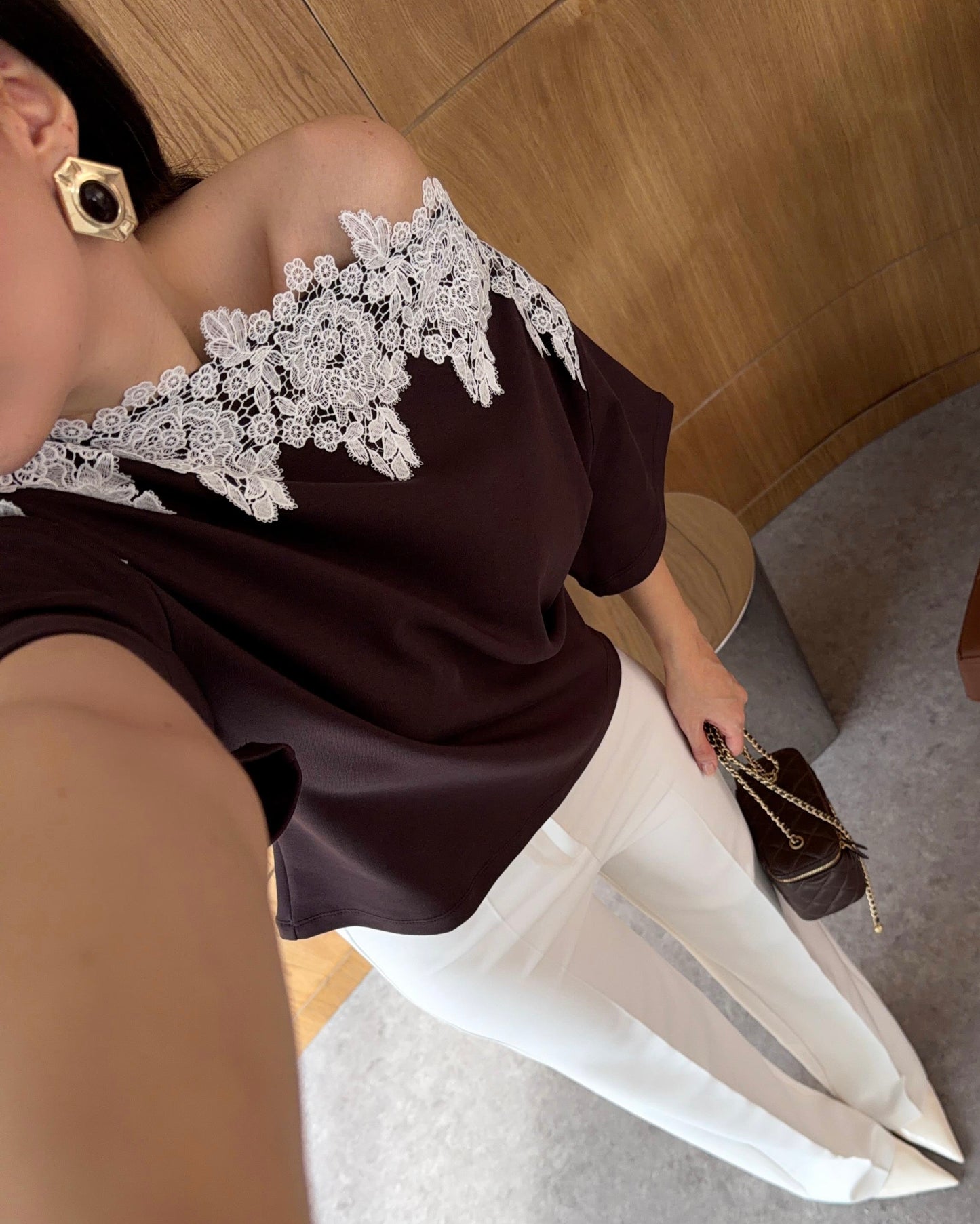 Brown Off Shoulder Top with Lace
