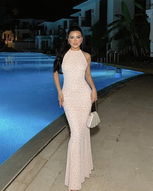 Nude Beaded Maxi Dress