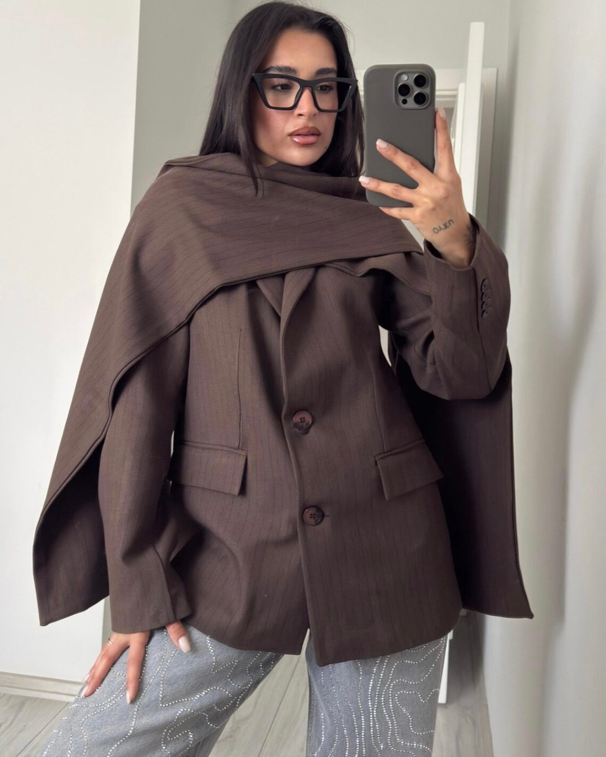 Brown Striped Blazer with Scarf