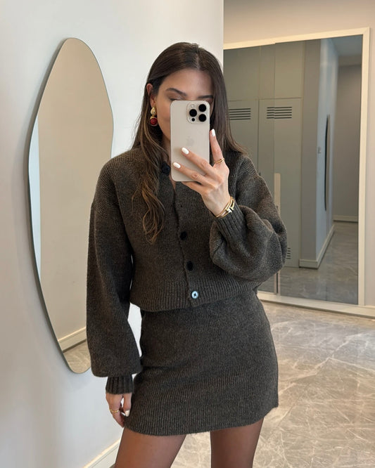 Brown Skirt & Cardigan Set