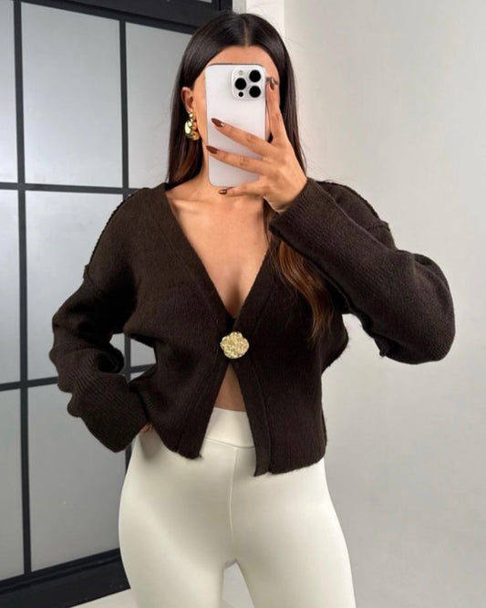 Brown Cardigan with Gold Detail