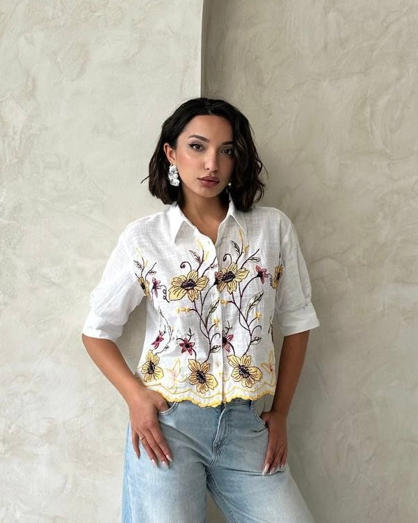 White Floral Buttoned Shirt