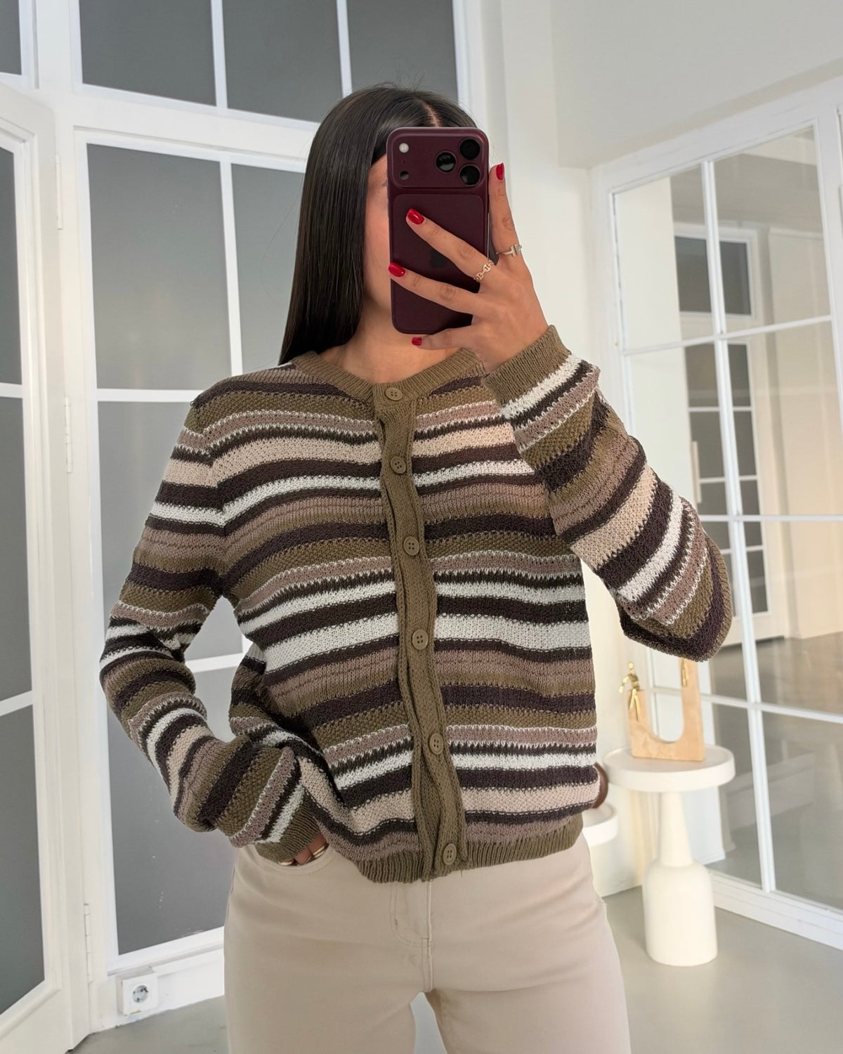 Army Green Striped Cardigan