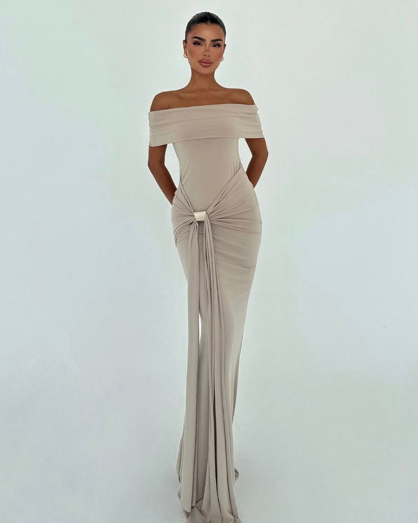 Beige Gold Detail Maxi Dress