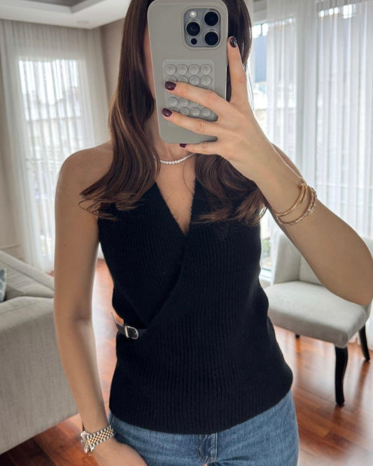 Black Knit Top with Belt