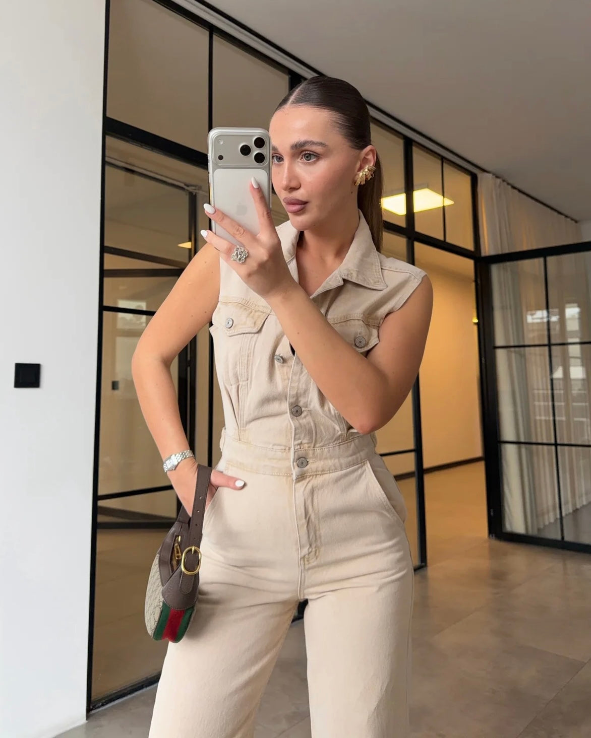 Beige Denim Jumpsuit
