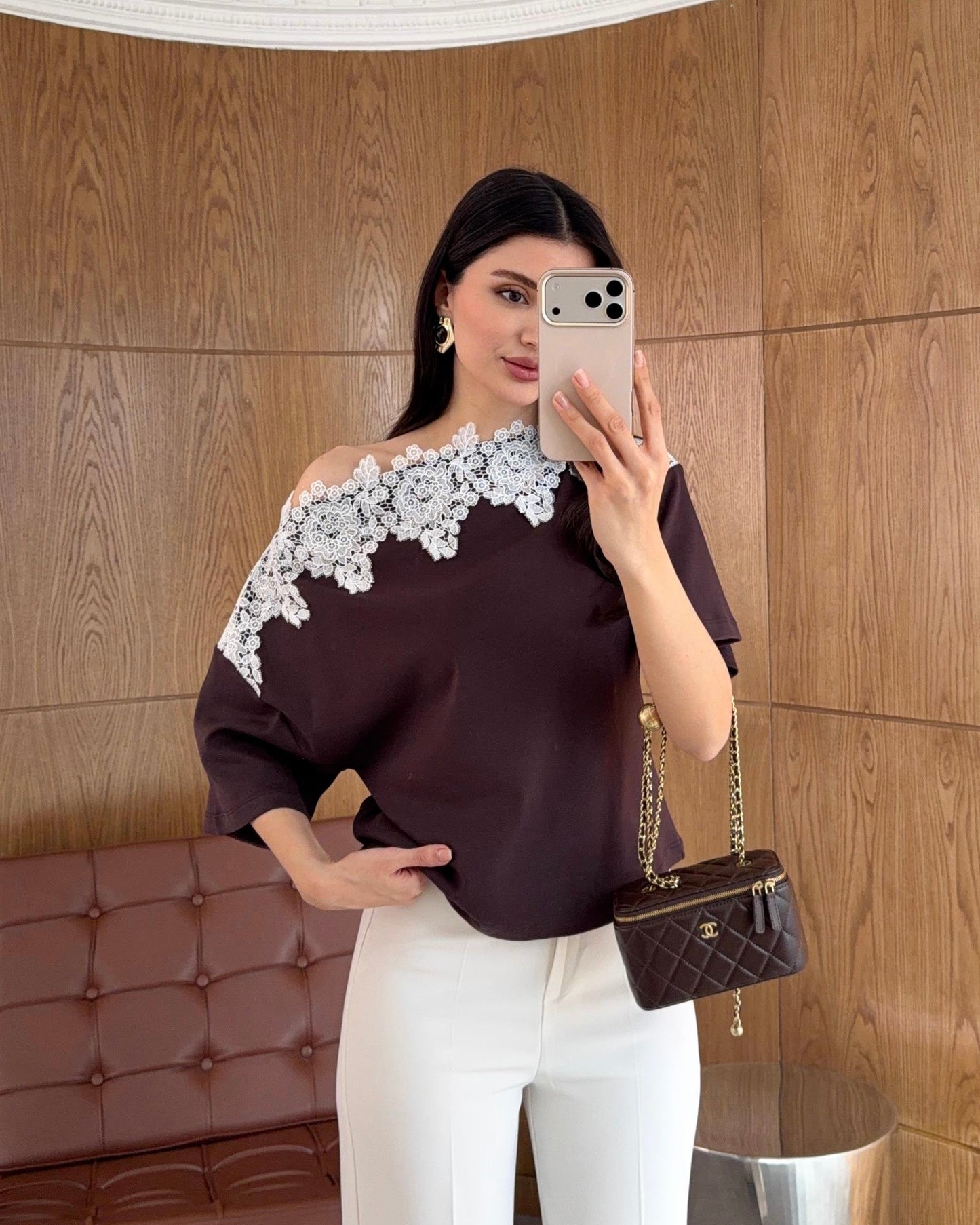 Brown Off Shoulder Top with Lace