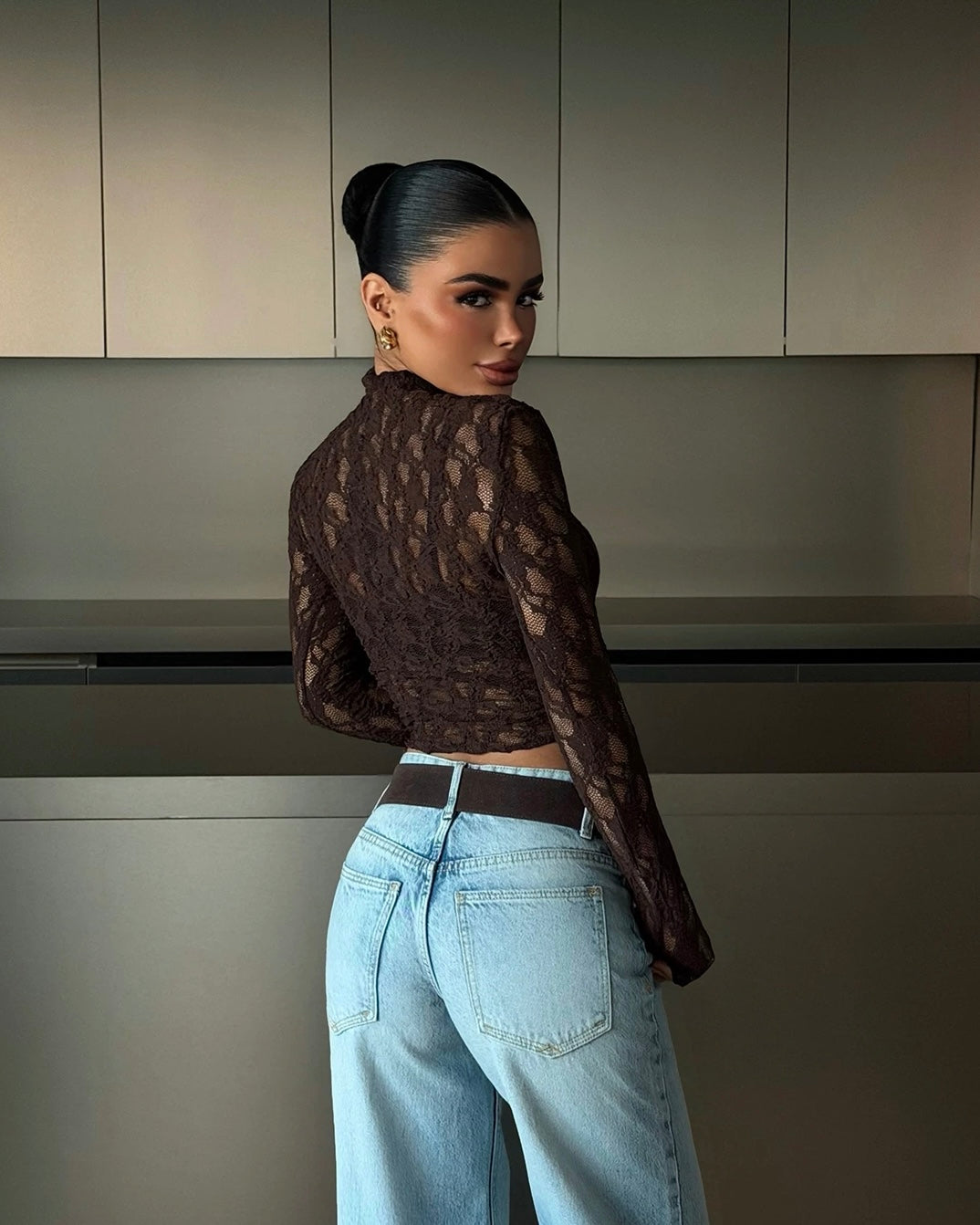 Brown Lace Transparent Blouse