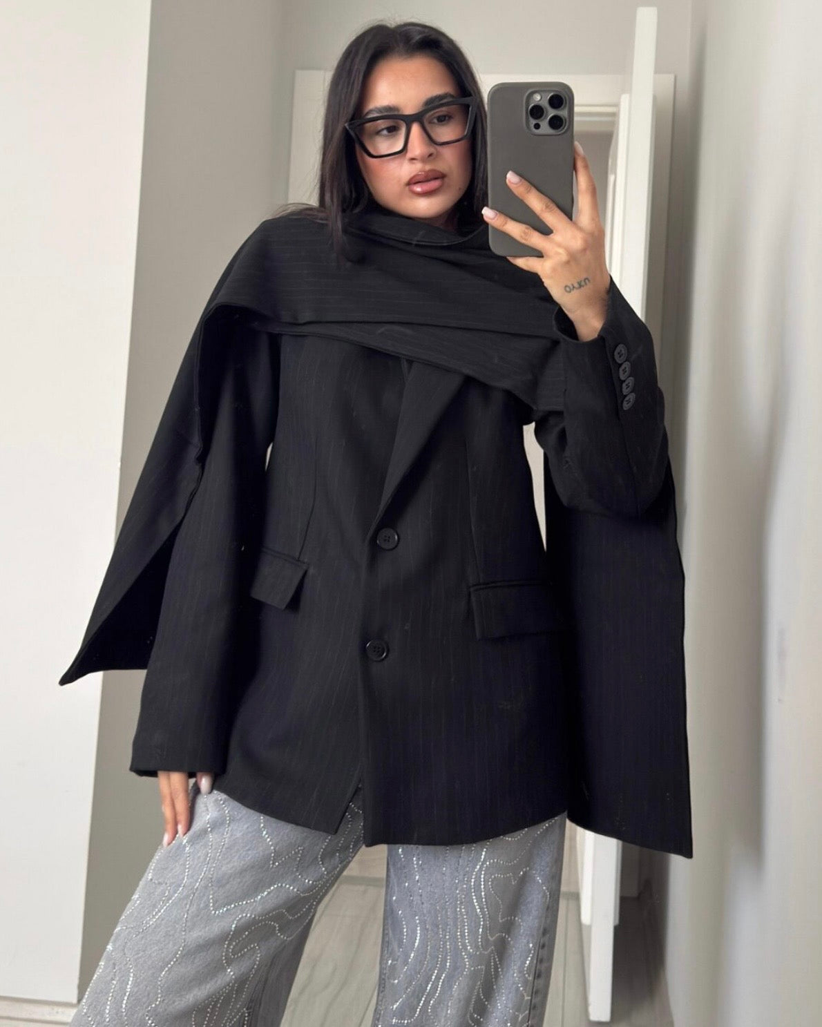 Black Striped Blazer with Scarf