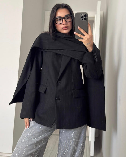 Black Striped Blazer with Scarf