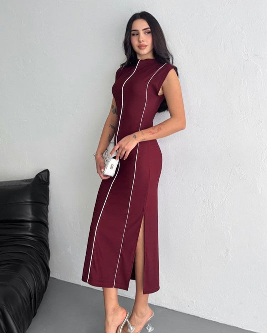 Burgundy Dress with White Striped