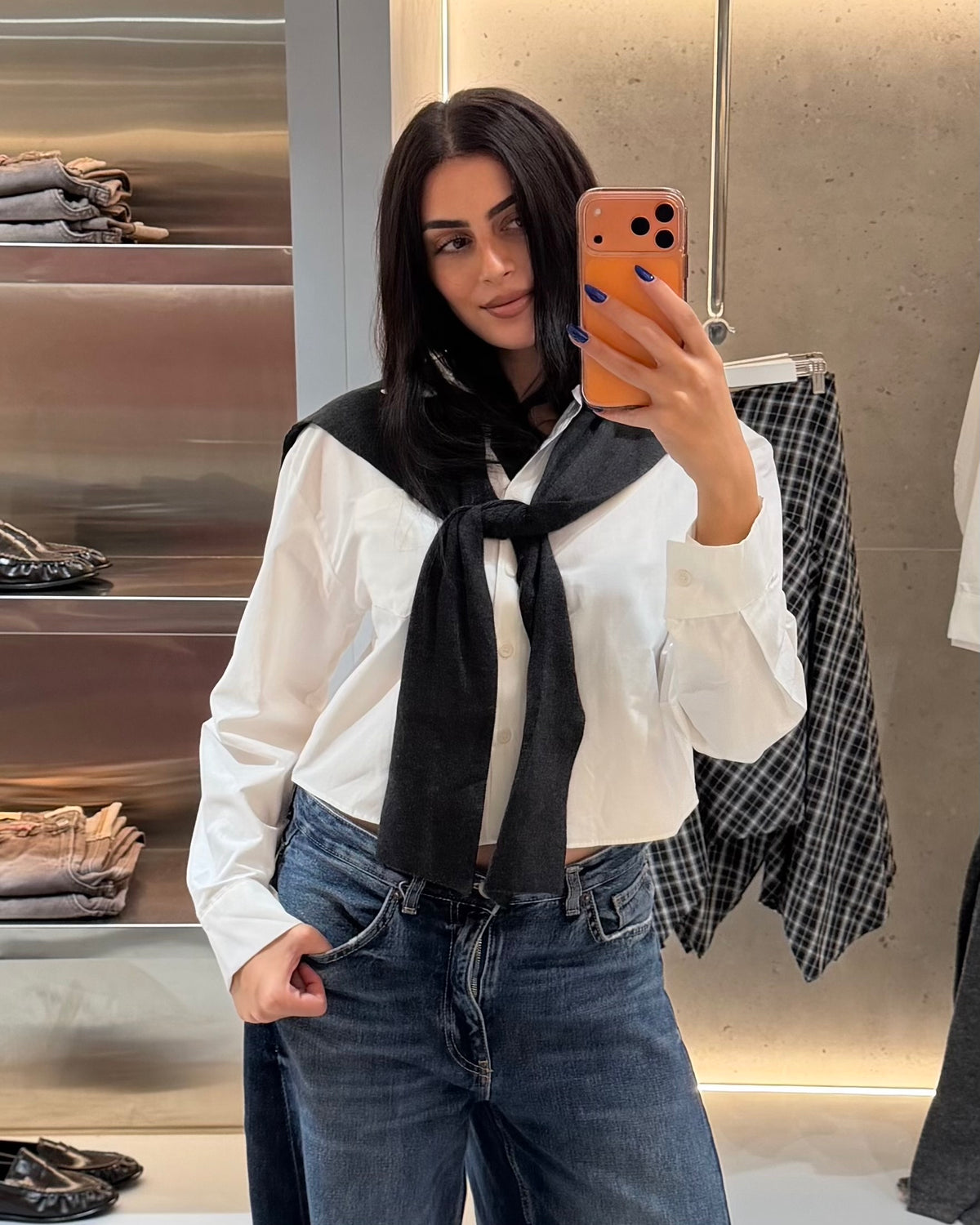 White Shirt with Grey Scarf