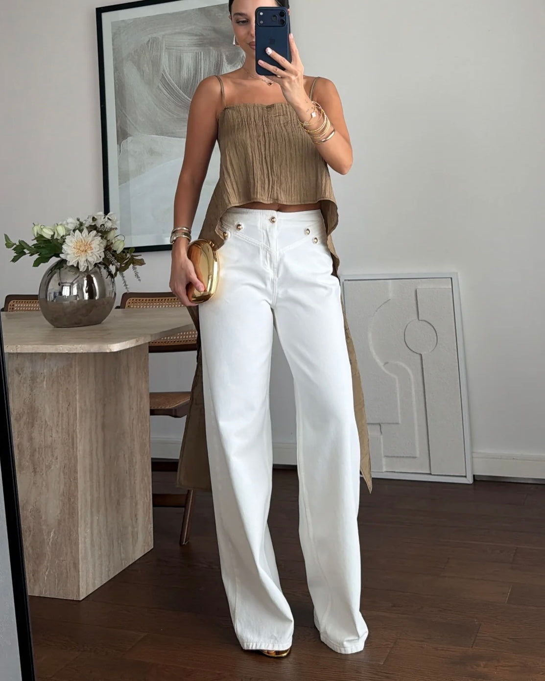 White Jeans with Gold Buttons