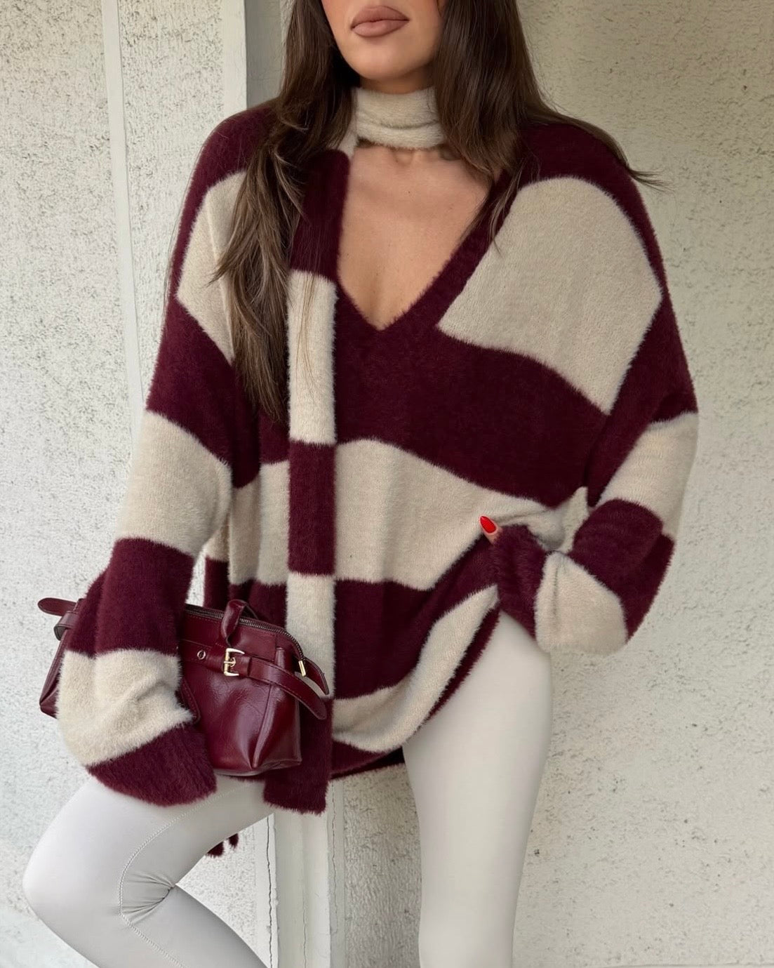 Burgundy Striped Sweater with Scarf