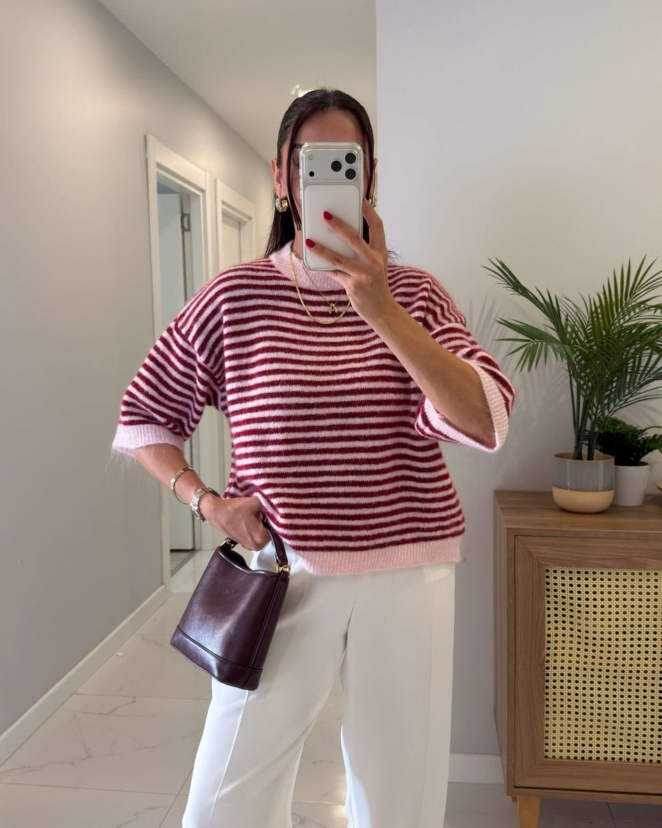 Pink & Burgundy Striped Sweater