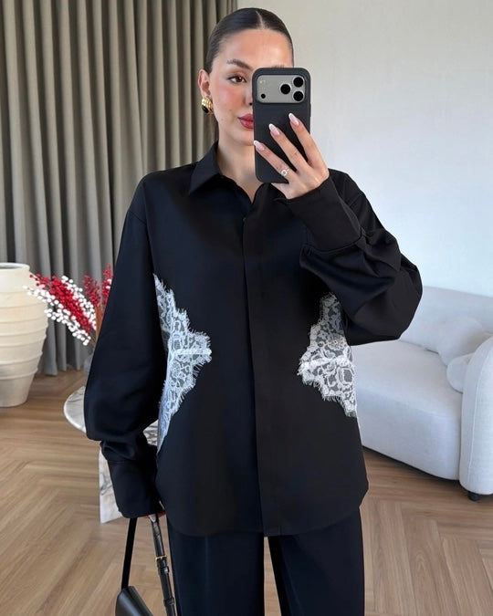 Black Lace Tied Back Shirt
