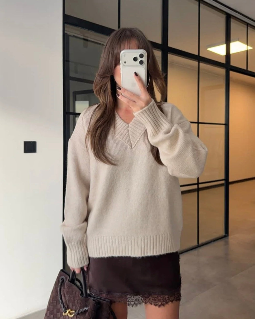 Beige Sweater with Brown Satin Piece