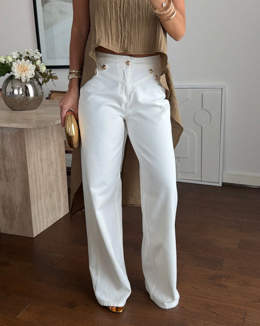 White Jeans with Gold Buttons