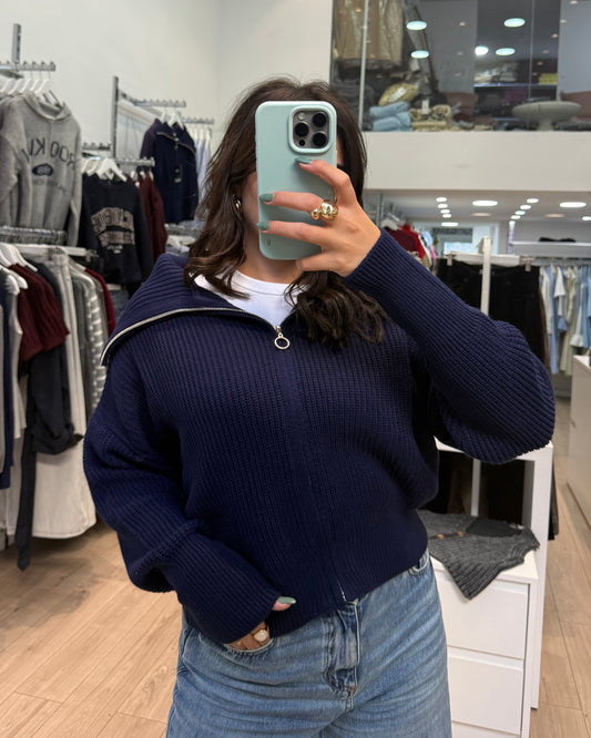 Navy Zip-Up Sweater