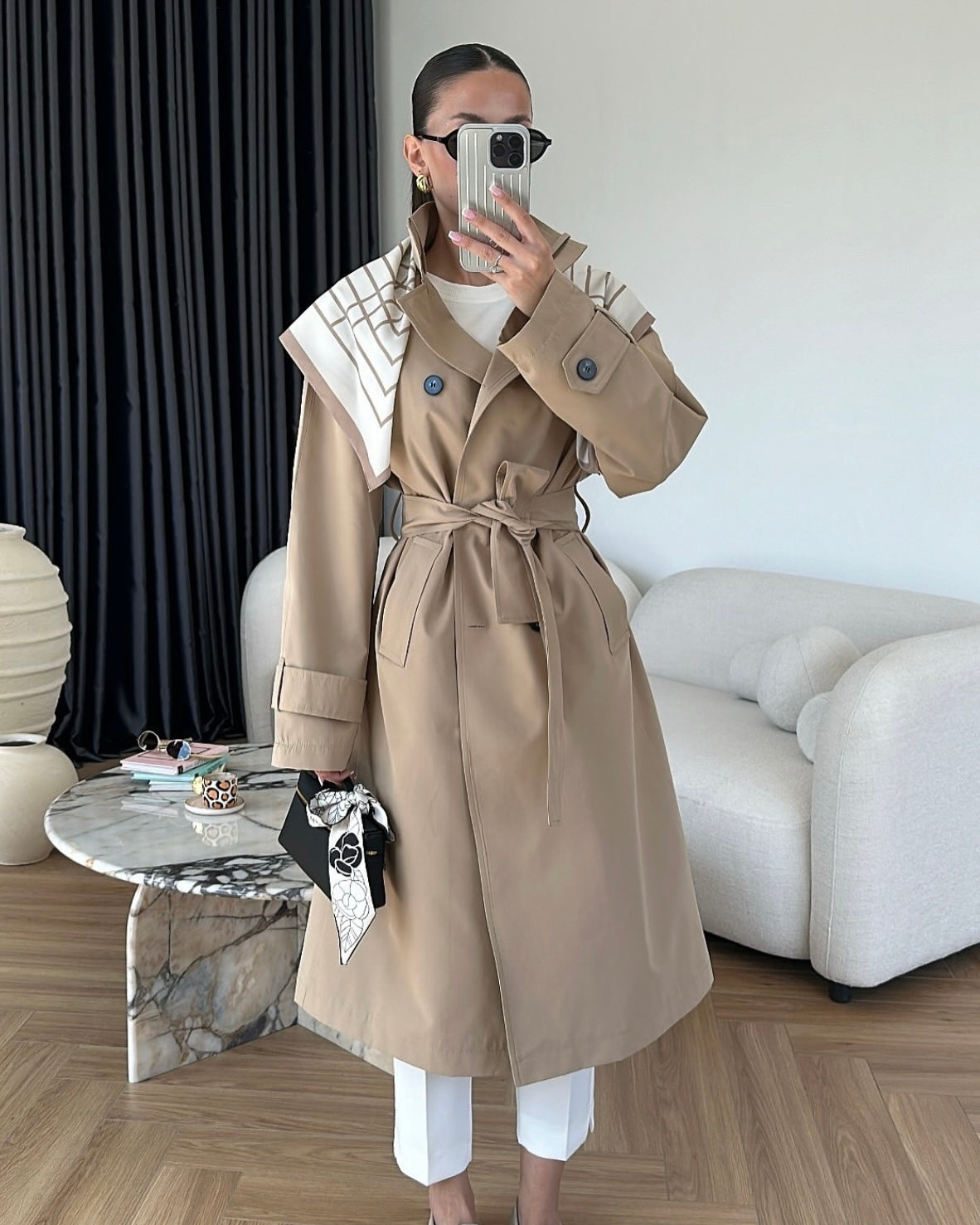Beige Trench Coat with Scarf