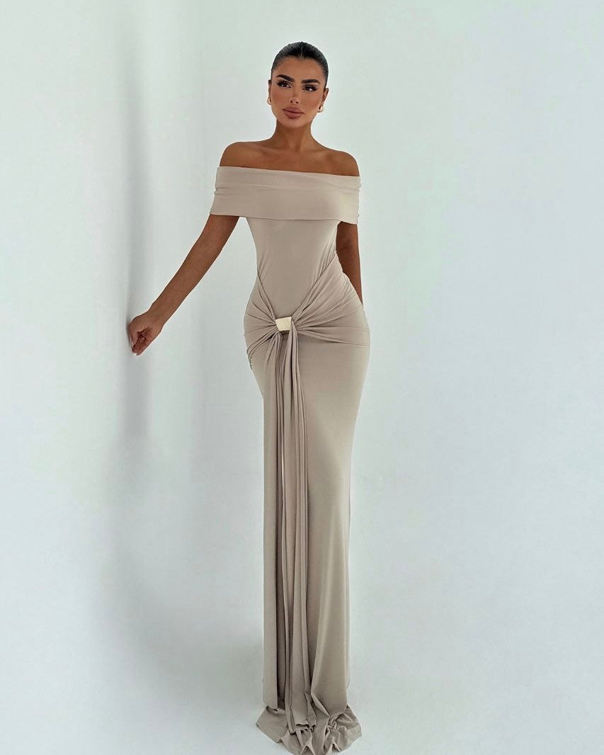 Beige Gold Detail Maxi Dress