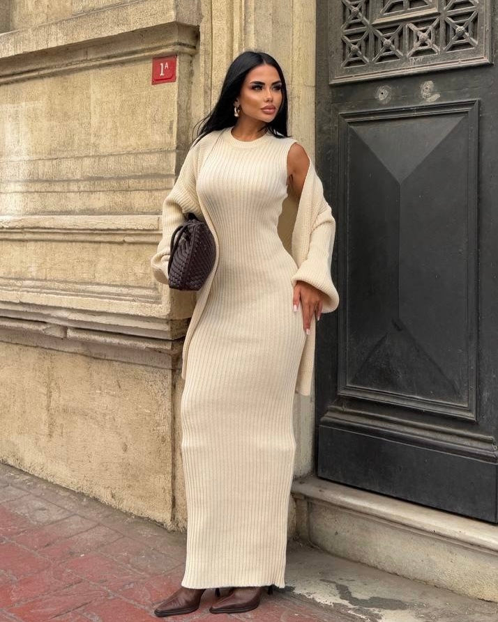 Beige Dress With Cardigan