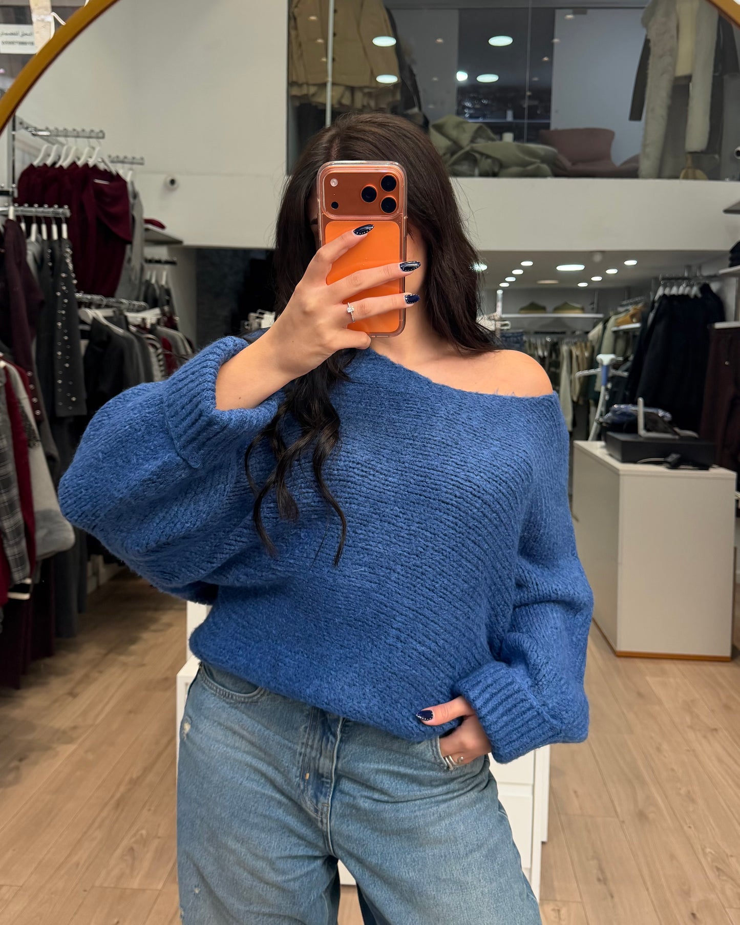 Blue Off Shoulder Sweater