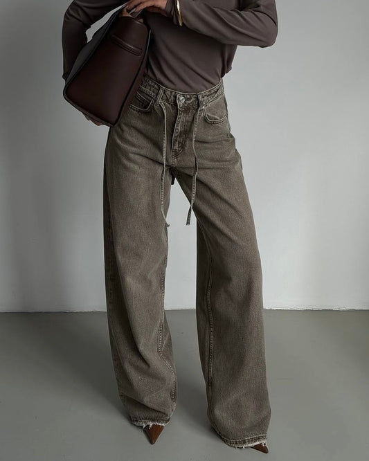 Brown Dirty Wide Leg Jeans