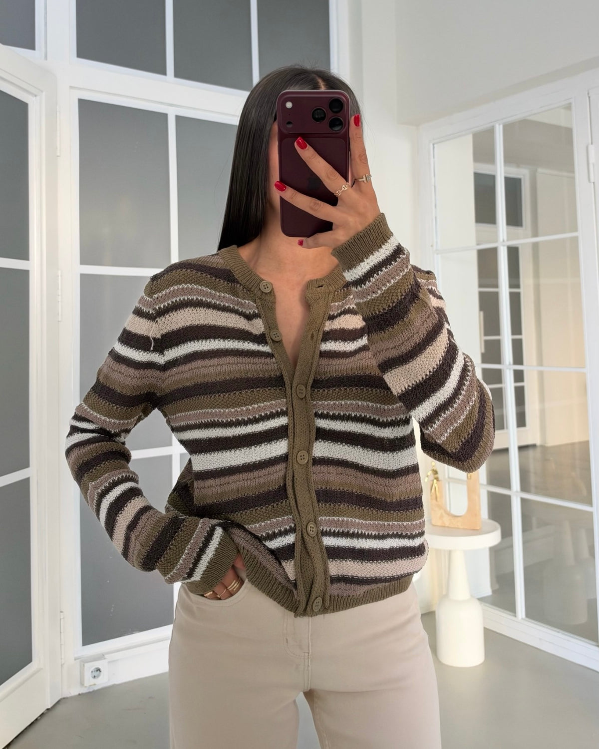 Army Green Striped Cardigan