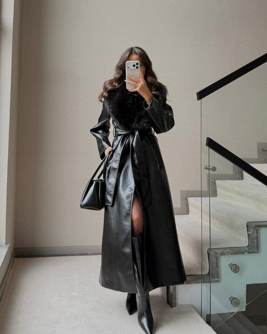 Black Leather Coat with Fur