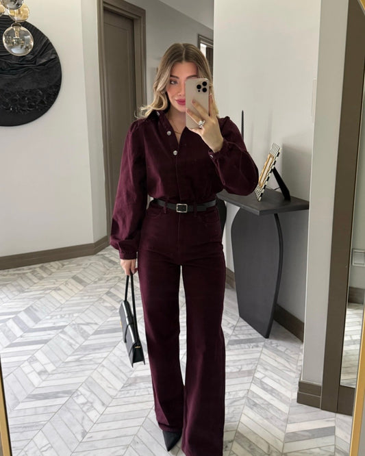 Burgundy Denim Jumpsuit with Belt